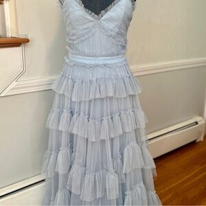 NWT Ruffle Pearl Blue Mesh Maxi Slip Dress (Prom/Bridesmaid)